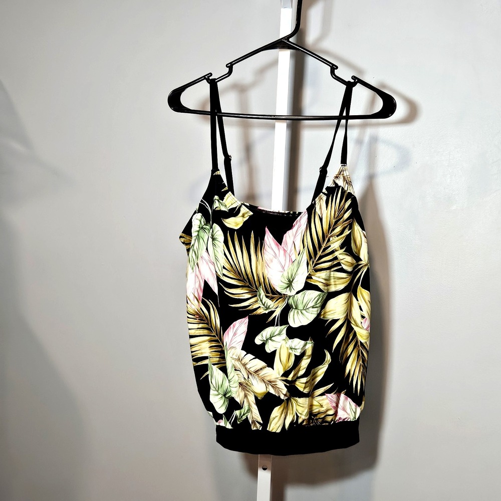 NWT Lands End Women's Size 14 Tankini Top Black w/Tropical Leaf Pattern UPF 50